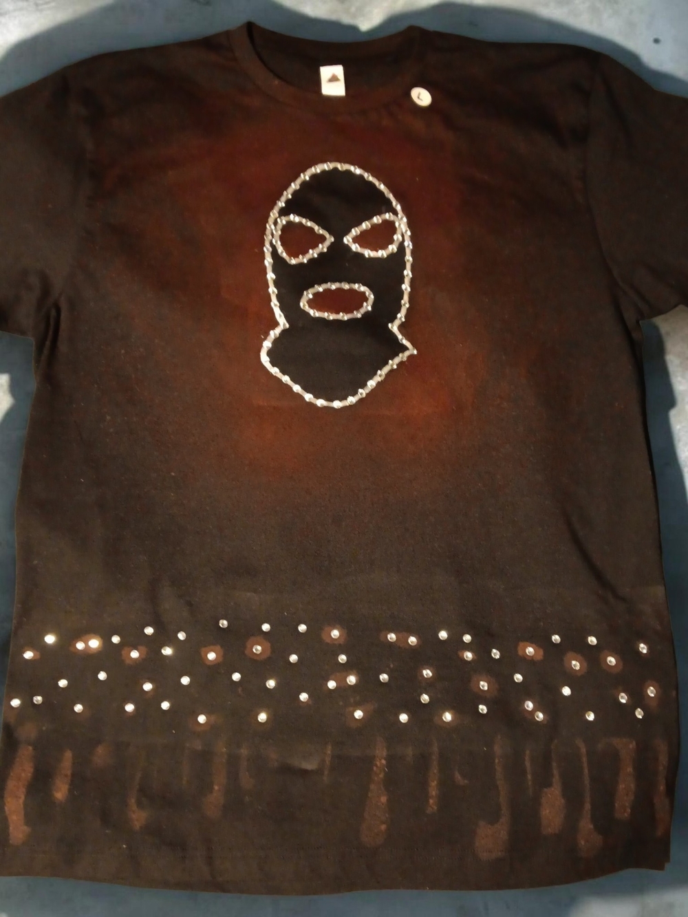 Black Short-Sleeve Tee with Studded Mask Graphic